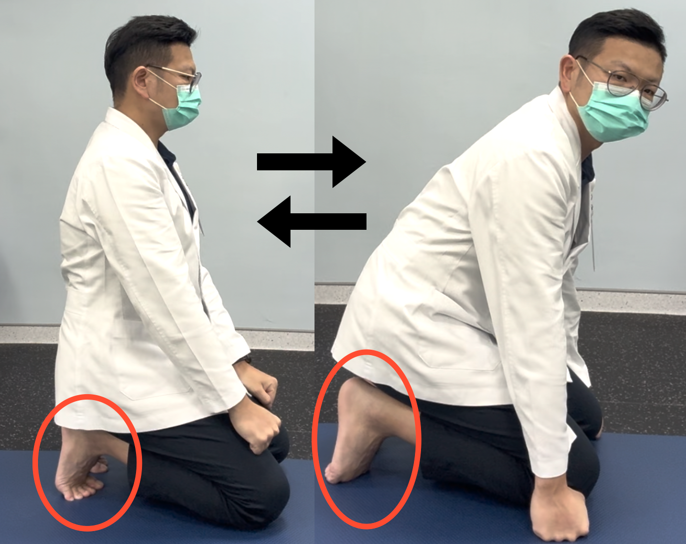 圖：足底筋膜伸展：民眾可在安全環境下採跪坐姿勢進行，降低行走時的足底筋膜拉扯壓力／光田醫院提供